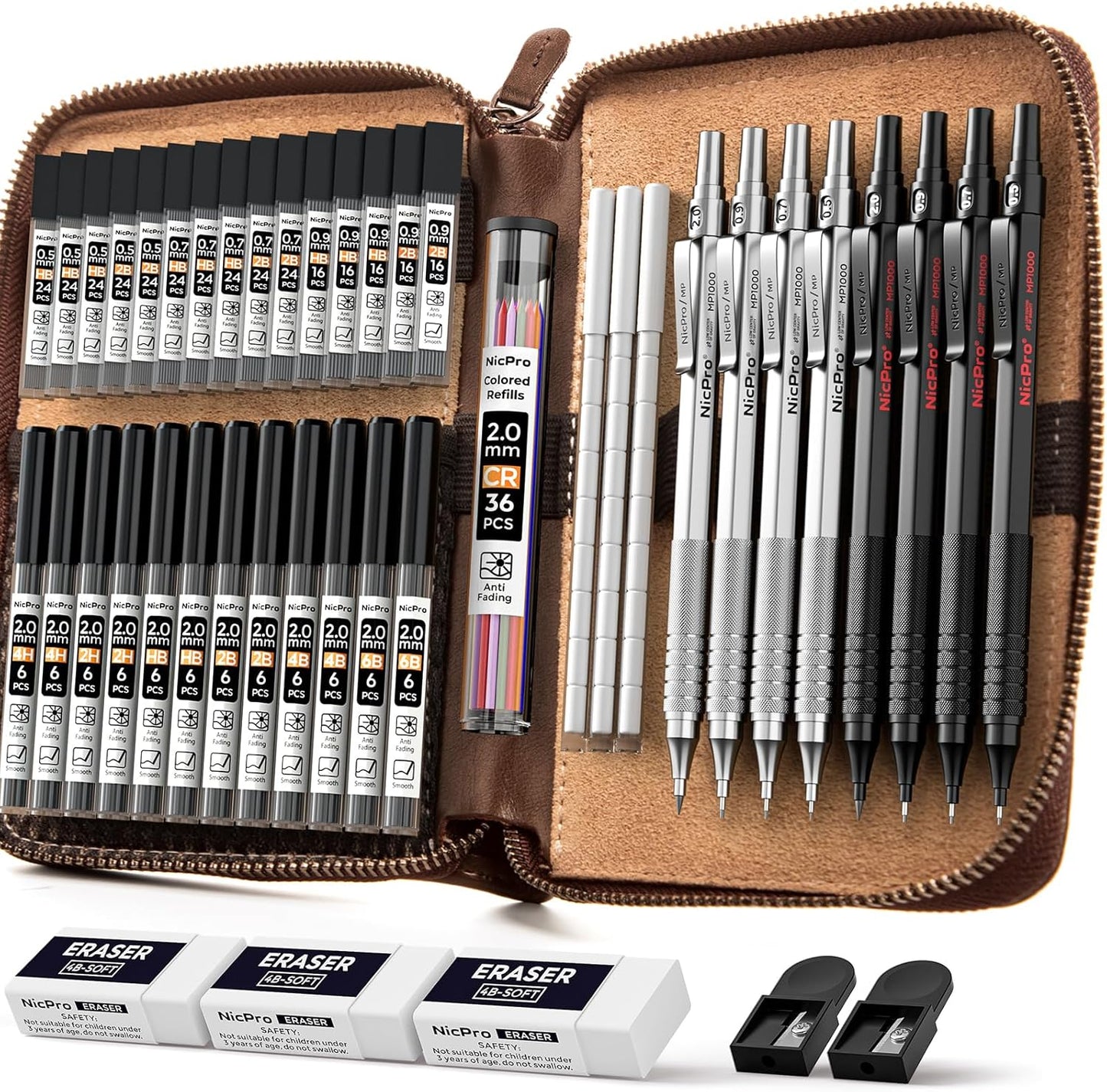 Nicpro 45PCS Black & Silver Metal Mechanical Pencil Set in Leather Case, Art Drafting Pencil 0.5, 0.7, 0.9 mm, 2mm Lead Holders for Sketching Drawing With 27 Tube (6B 4B 2B HB 2H 4H Colors)Lead Refill