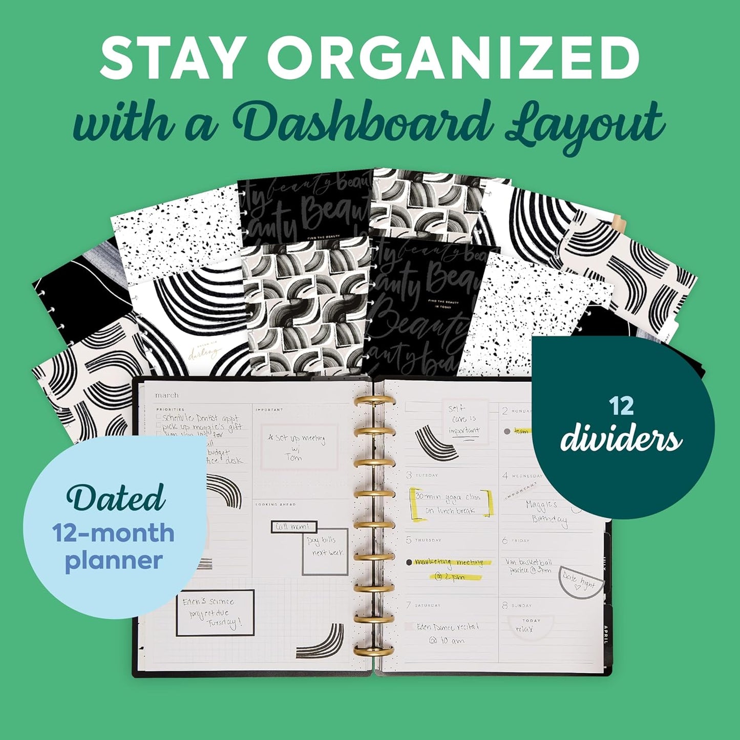 Happy Planner Disc-Bound Planner Jan.–Dec. 2026, Includes 3 Extra Months and 2 Sticker Sheets, Classic Size, 7" x 9.25", Dashboard Layout, Modern Texture