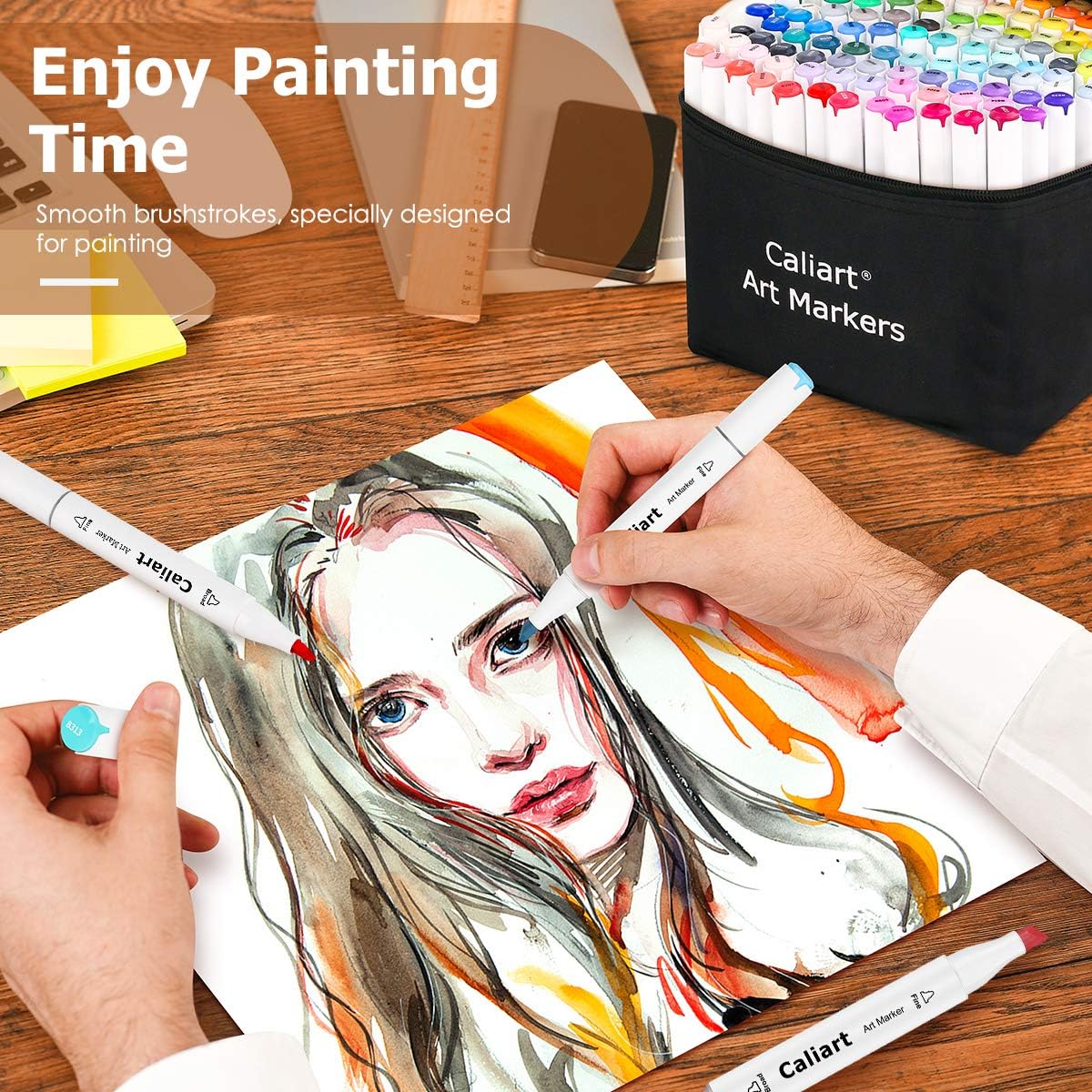 Caliart 52 Colors Fine & Chisel Alcohol Markers for Adult Coloring Book, Dual Tip Artist Sketch Art Markers, Aesthetic Cute Preppy Stuff School Supplies, Pens for Lettering Drawing Cards Planner