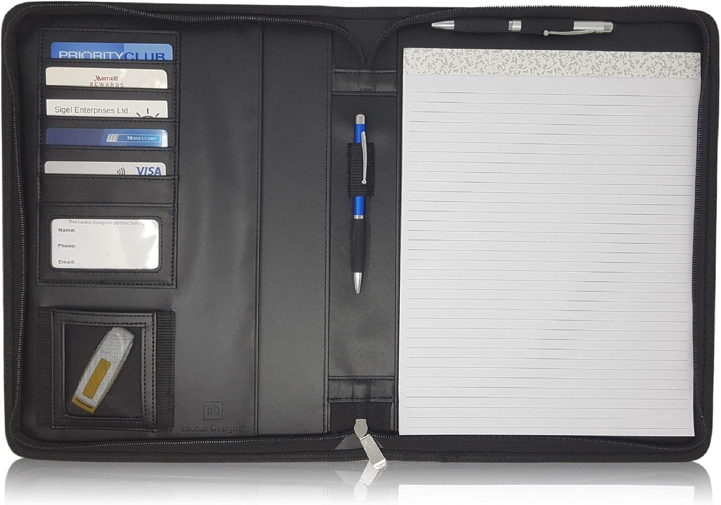 Matt Black Zippered Portfolio Binder - Lean PU Leather Business Executive Portfolio Organizer Folder - Padfolio for Men & Women with US Letter Notepad & Gift Box by Lautus Designs