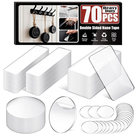 Navona 70 Pcs Pre-Cut Heavy Duty Double-Sided Nano Tape – 1 & 2 Inch Rectangular and Round Adhesive Strips, Transparent, Removable, Reusable Mounting Tape for Home and Office Use