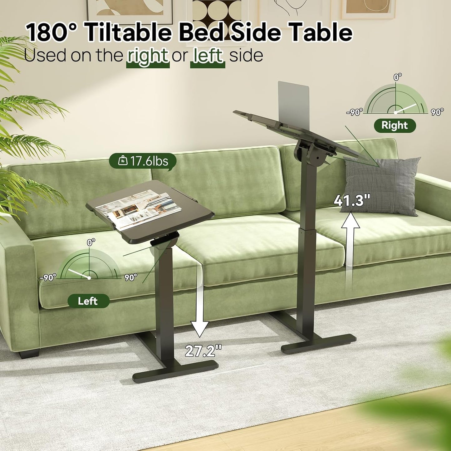 Rolling Laptop Desk, Mobile Standing Desk Height Adjustable, 180° Tiltable Overbed Bedside Table, Portable Computer Desk with Wheels, Foldable Laptop Cart for Home Office, Black