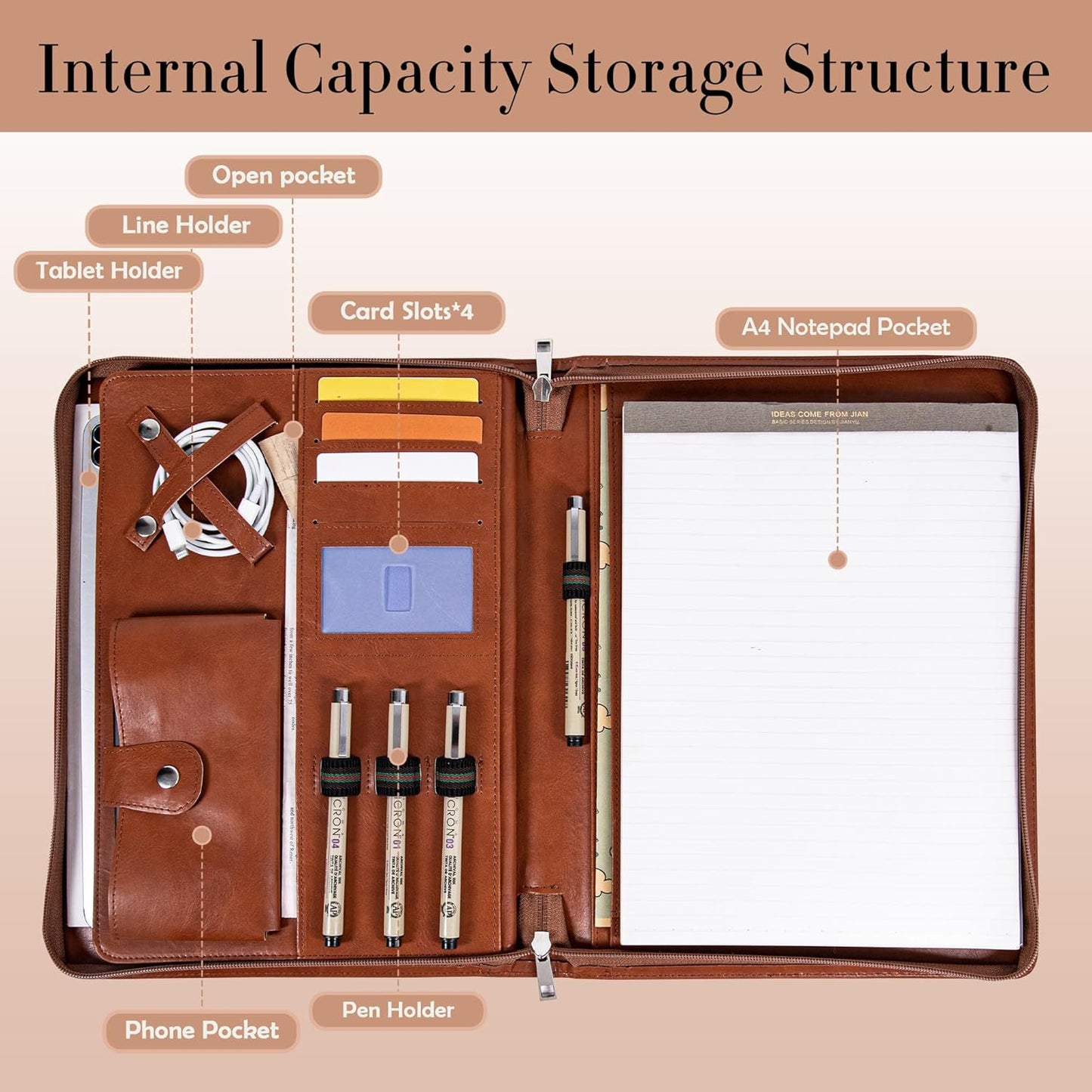 Padfolio with Zipper, Portfolio Binder, Leather Portfolio with Zipper for Men Women, Portfolio Organizer, Padfolio Business Resume A4/Pad, Brown