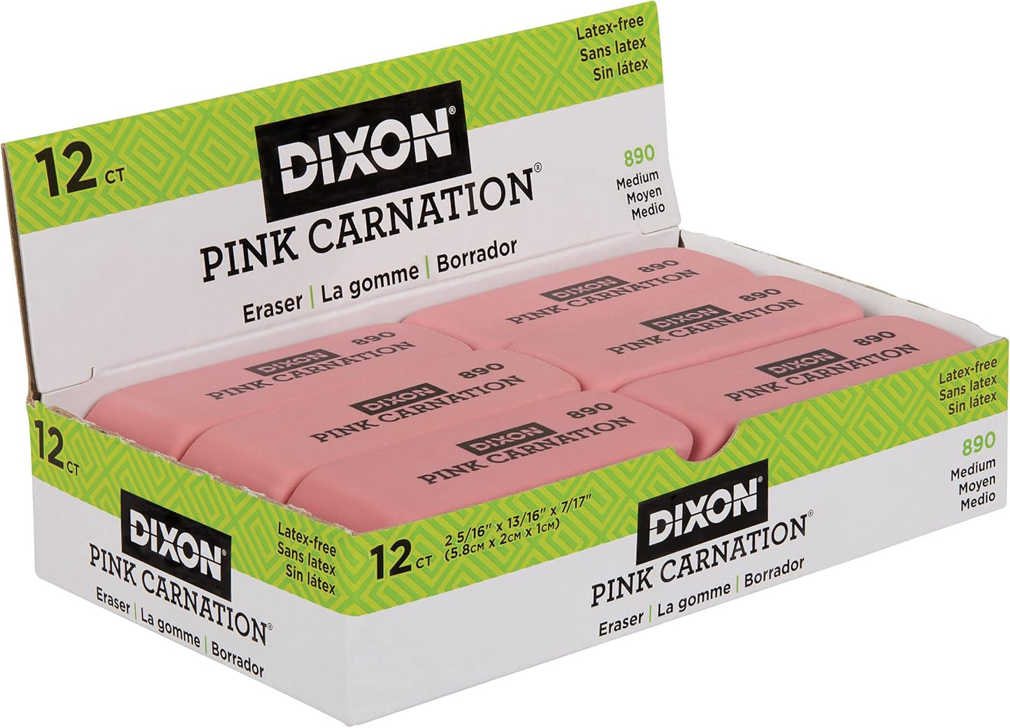 Dixon Pink Carnation Wedge Erasers, Medium, Pink, 2" x .75", 12-Pack (38900)