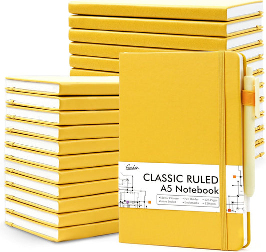 feela 24 Pack Journal Notebook for Work, Business Notebook Bulk Hardcover Lined Writing Journal with Pen Holder for Men Women Note Taking, with 24 Black Pens, 120 GSM, 5.1”x8.3”, A5, Yellow