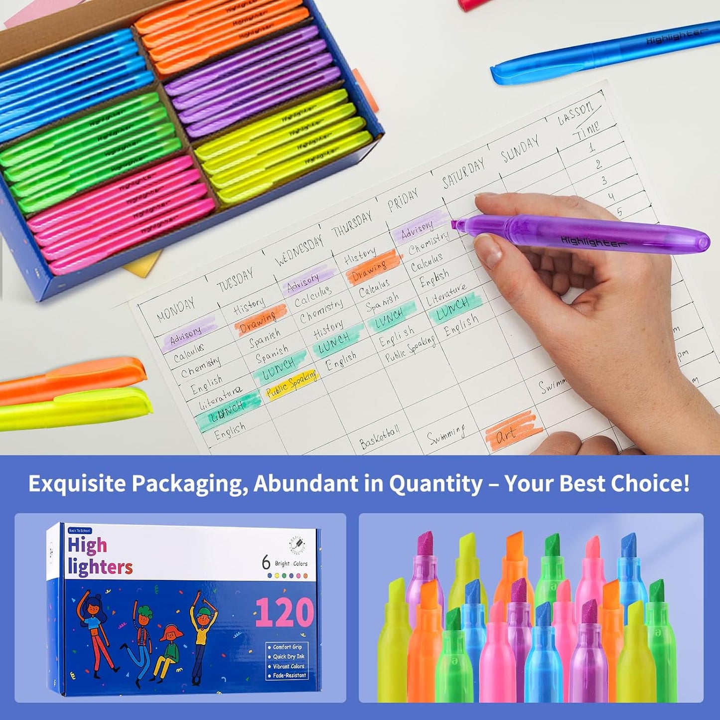 Highlighters Assorted Colors, 120 Pack Highlighters Bulk : No Bleed & Dry-Quickly, Highlighter Set : Chisel Tip & 6 Bright Colors, Highlighter Markers for school | college | office supplies