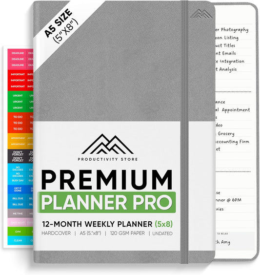2025 Planner Pro 5.8 x 8.3 - Undated Productivity & Business Planner Notebook & Journal - Monthly Planner 2025 & Daily Planner 2025-2026 - A5 - Grey - Productivity Store