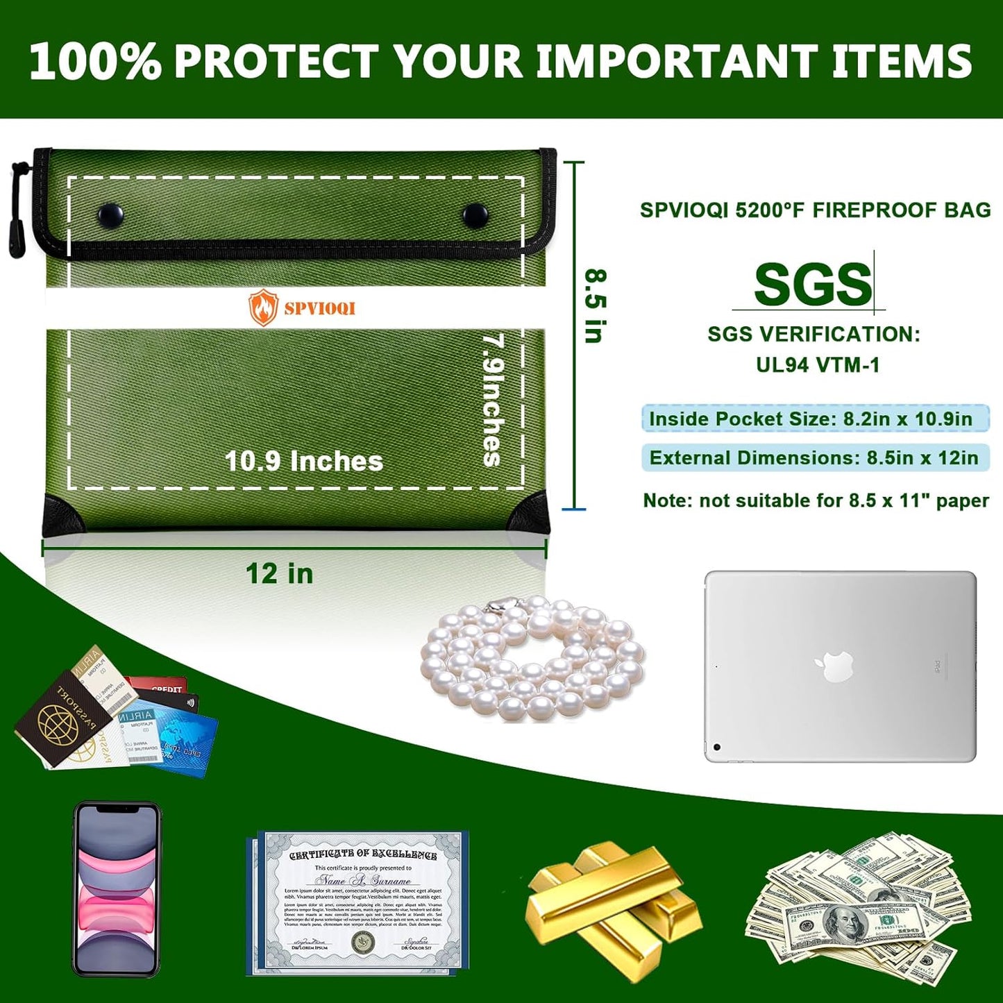 Upgraded 5200°F Fireproof Document Bag - Heat Insulated, Fireproof Safe Pouch with Zipper, 8 Layers of Functional Materials, Fireproof Money Bag for Cash/Documents/Valuables, Water Resistant Fire Bag