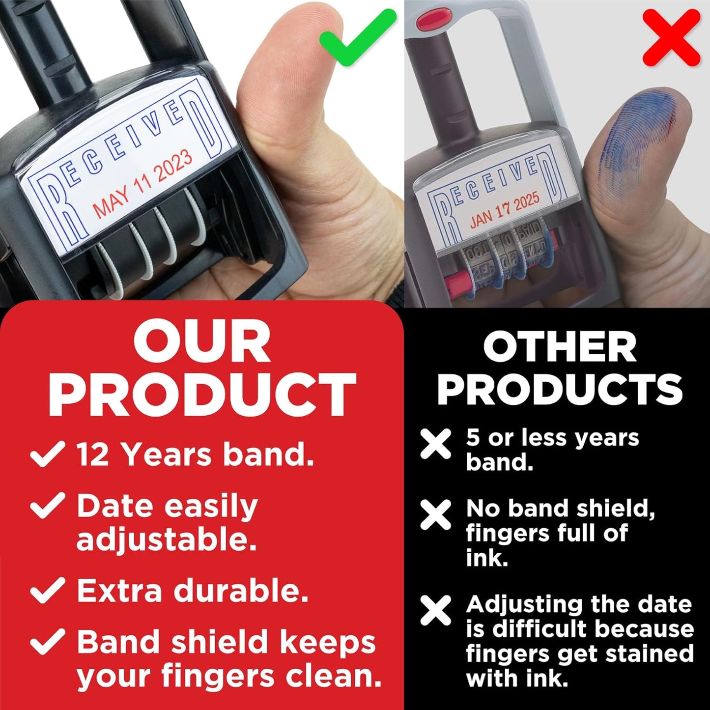 Self-Inking Rubber Date Office Stamp with Posted Phrase - Red Ink - 12-Year Band