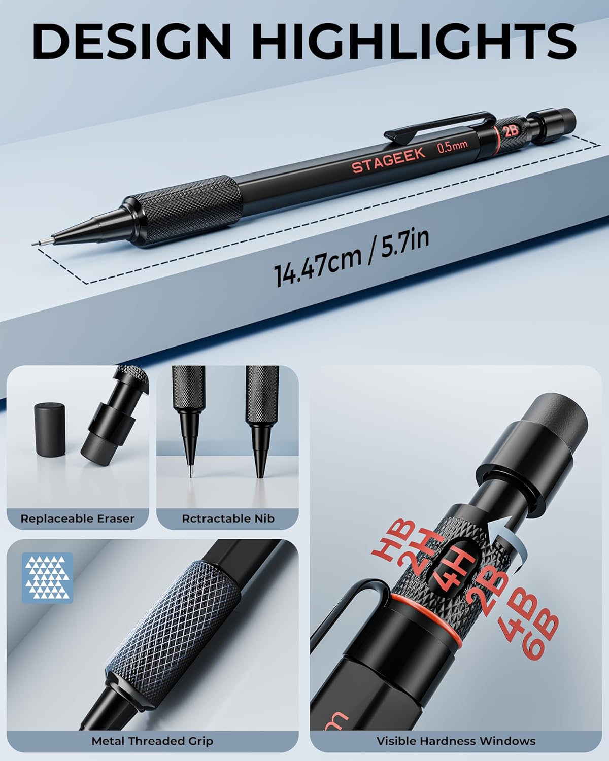 0.5mm Mechanical Pencil Set, 3PCS Metal Mechanical Pencils 0.5mm with 6 Tubes HB & 2B Lead Refills, Erasers, Weatherproof Artist Pencils with Case for Outdoor Writing Drafting Drawing