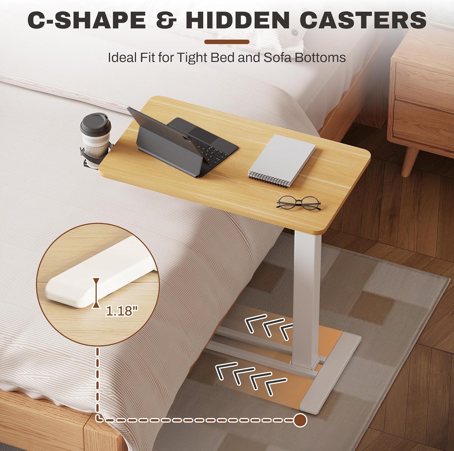 FLEXISPOT Mobile Standing Desk with Wheels Pneumatic Laptop Desk Rolling Computer Cart Movable Height Adjustable Small Sit Stand Desk Computer Workstations Home Use(31.5" W x 17.7" D, Maple)
