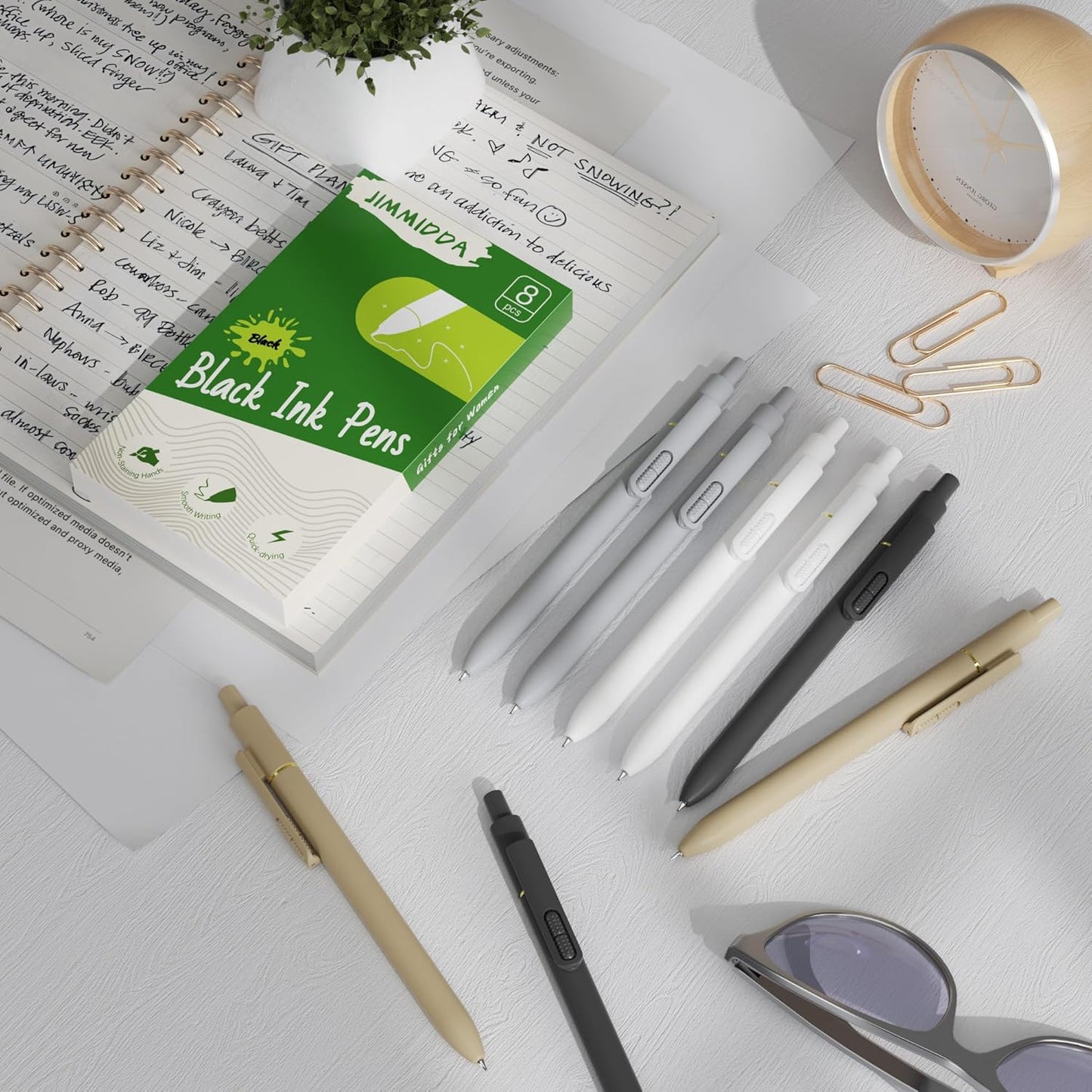 8Pcs Gel Pens with Black Ink, Fine Point Smooth Writing Pens, Quick-dry Gel Retractable Pens for Journaling Note Taking, Cute Office School Supplies for Adults Kids (0.7mm, Regular)