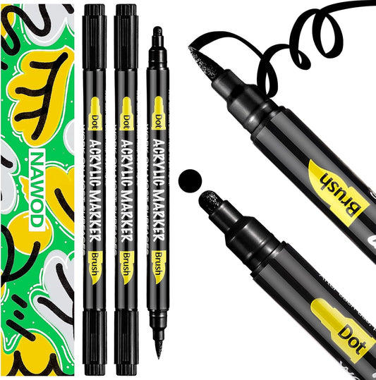 NAWOD 3 Black Acrylic Paint Pens, Acrylic Paint Markers Dual Tip (Dot Tip + Brush Tip), Acrylic Permanent Markers for Rock, Fabric, Canvas, Ceramic, Glass, Wood, Paper, Labeling, Drawing, DIY Crafts