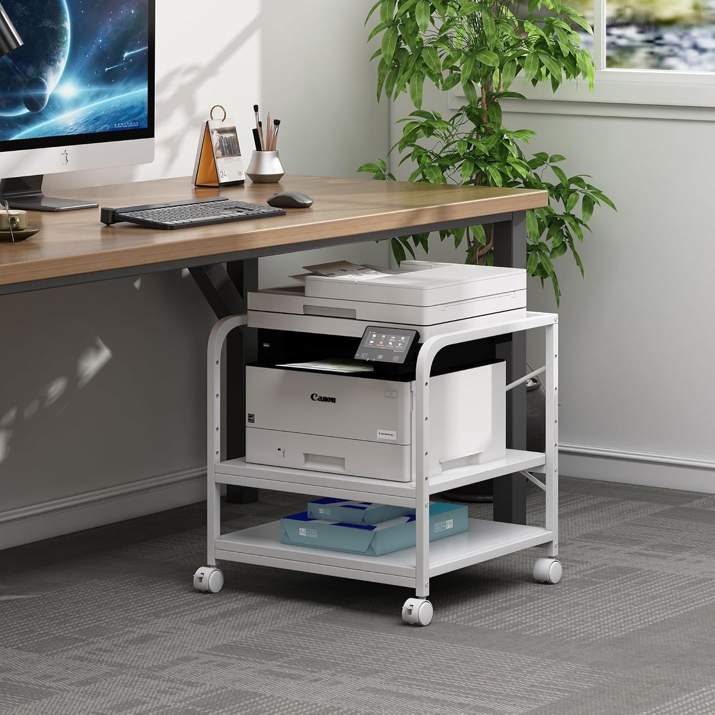 20 Inches Deep Large Printer Stand, 2 Tier Under Desk Printer Table with Height Adjustable Shelf, Rolling Printer Cart with Wheels for Home Office Storage - White