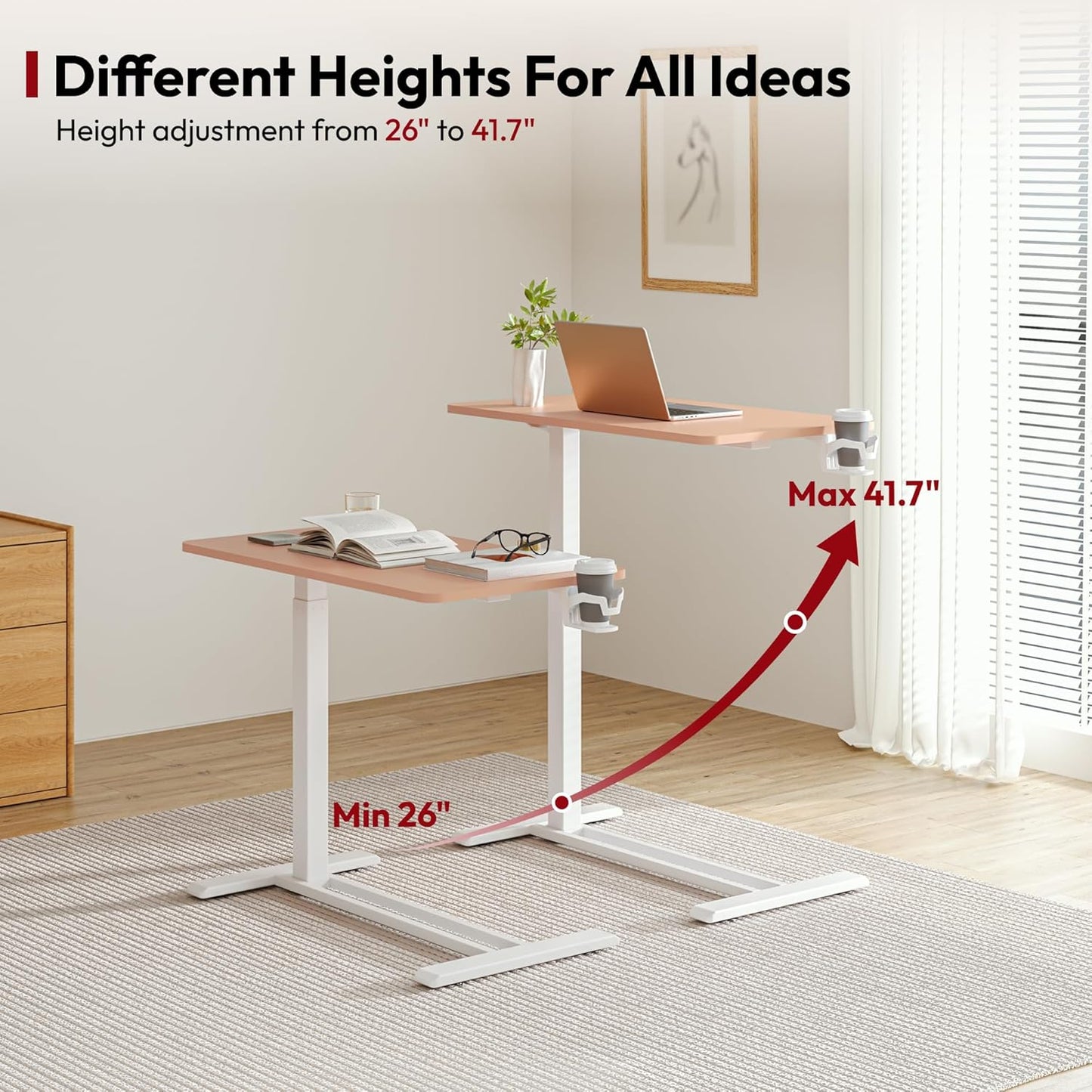 SANODESK Mobile Standing Desk with Hidden Wheels,Pneumatic Laptop Desk Rolling Computer Cart Movable Height Adjustable Small Sit Stand Desk for Home Office(31.5" W x 17.7" D, Pink)