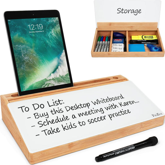 Bamboo Desktop Whiteboard with Storage - This Deskbuddy can be Used as a Desktop Dry Erase Board | Desk Buddy White Board | Bamboo Desk Organizer - PriZoi