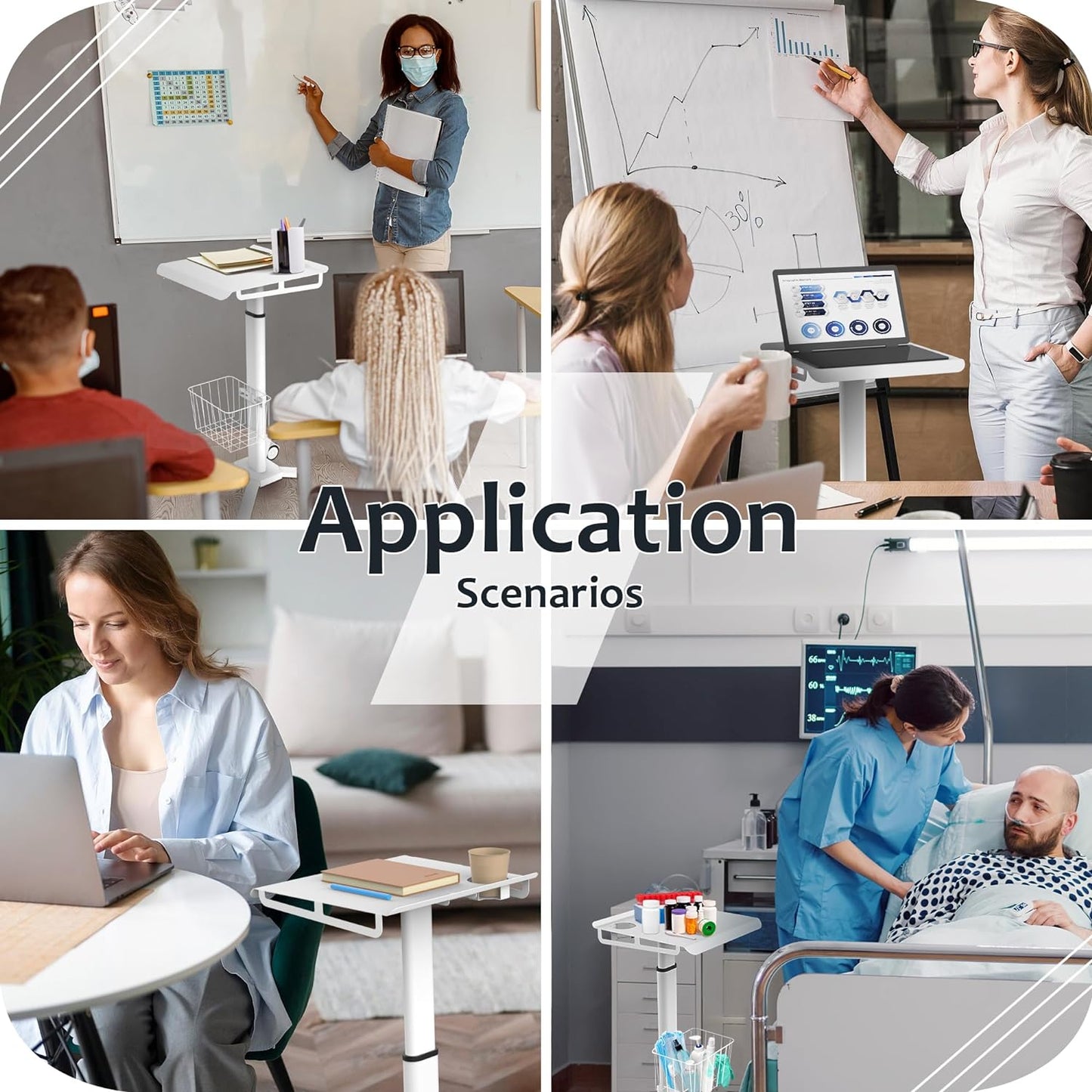 Adjustable Height Portable Laptop Desk with Wheels,White Computer Cart on Wheels,Standing Mobile Desk Workstation, Utility Medical Cart