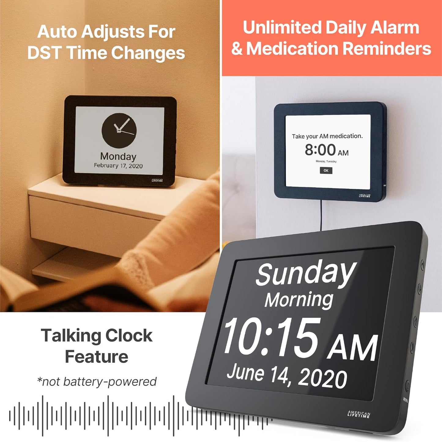 American Lifetime New 2025 Dementia Clock Large Digital Clock for Seniors, Alzeimer Clock Large Display with Custom Alarms, Clock with Day & Date for Elderly, Digital Calendar Premium Black Pro