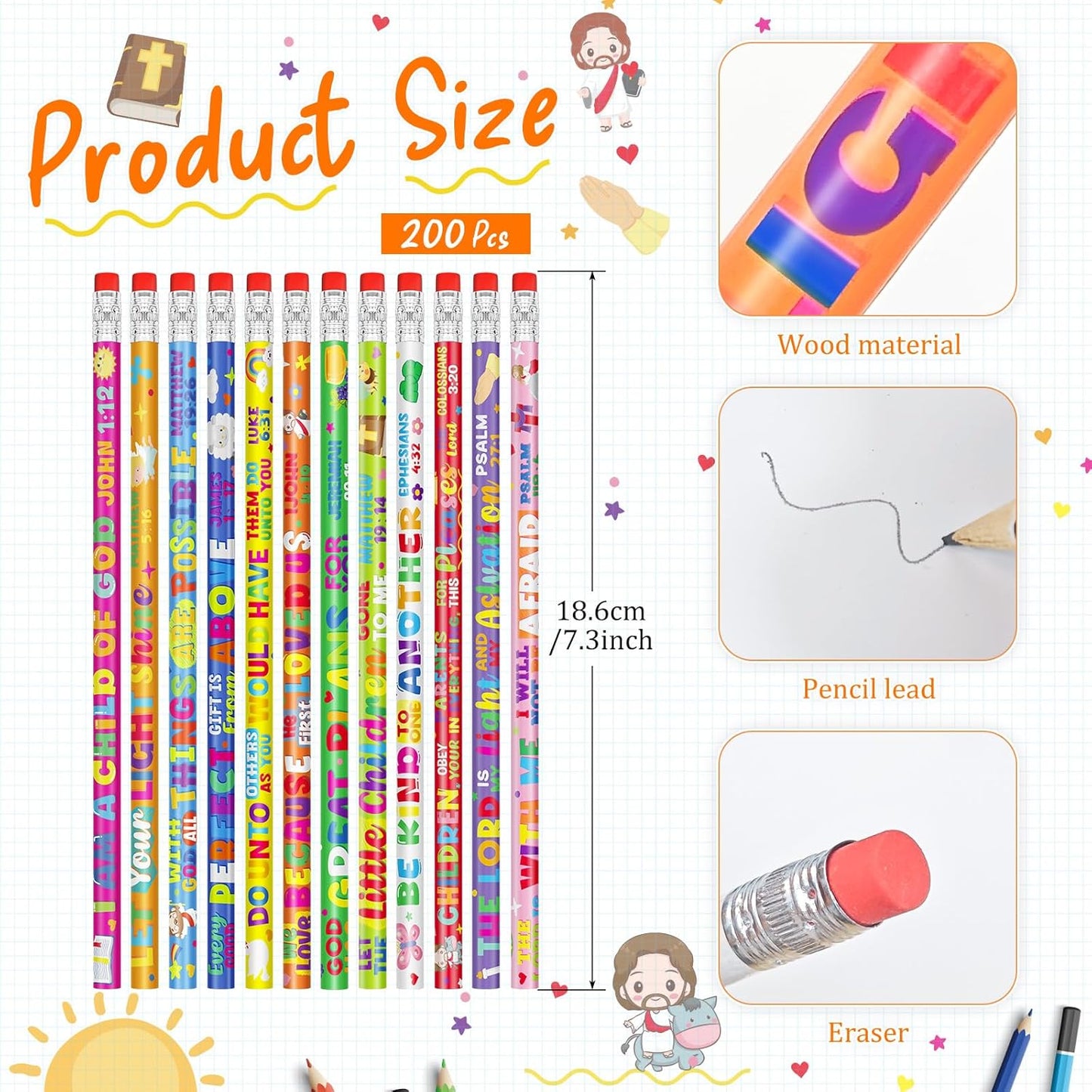 Cinrobiye 200 PCS Bible Pencils Bulk,Christian Gifts for Children Wood Pencils with Erasers Inspirational Religious Supplies for School Prizes Classroom Exchange Gift Party Favors,Stationary Gifts