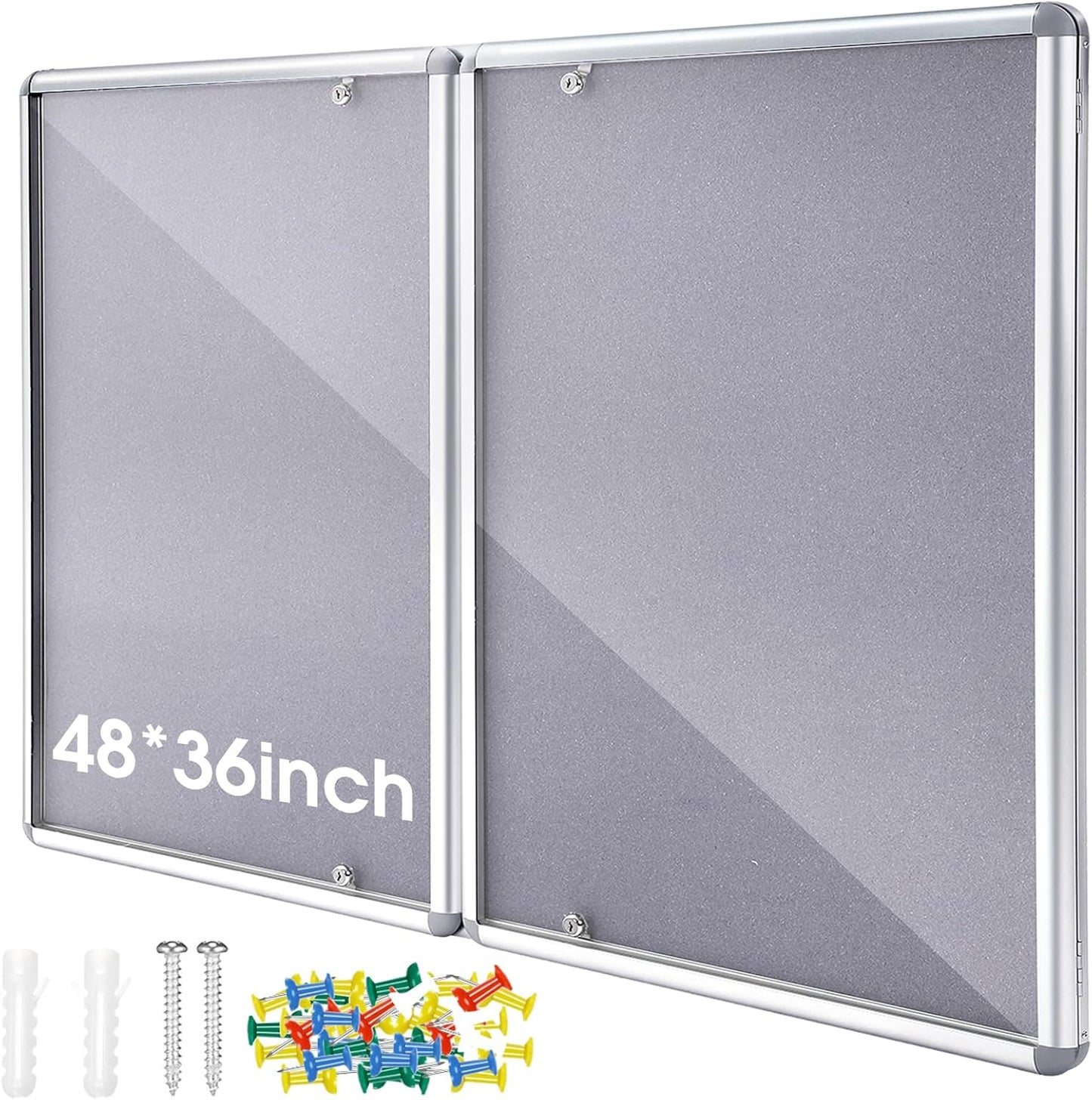 Enclosed Bulletin Board 48" x 36" Weather Resistant Lockable Notice Cork Display Board Wall Mounted 2 Locking Door for School Classroom Commercial Back to School, 12 x A4(Gray, Silver Frame)