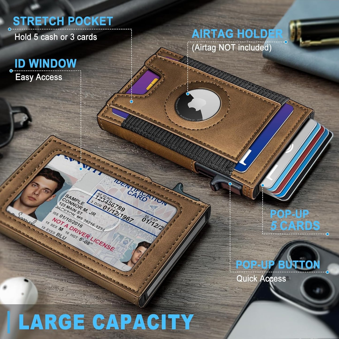 Airtag Wallet for Men, Slim Pop Up Credit Card Holder RFID Blocking Mens Minimalist wallet for 7-9 Cards ID Window, with Gift Box