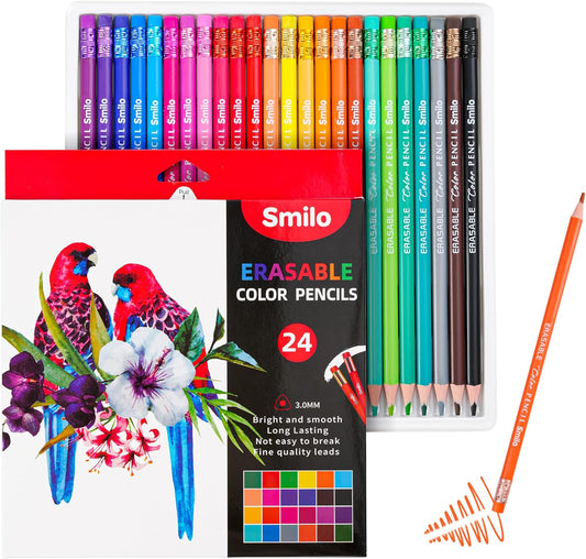 24-Count Erasable Colored Pencils with Erasers - Vibrant & Smooth Colors for Drawing, Coloring Books, School Art Projects - Premium Art Supplies for Kids, Adults & DIY Crafts