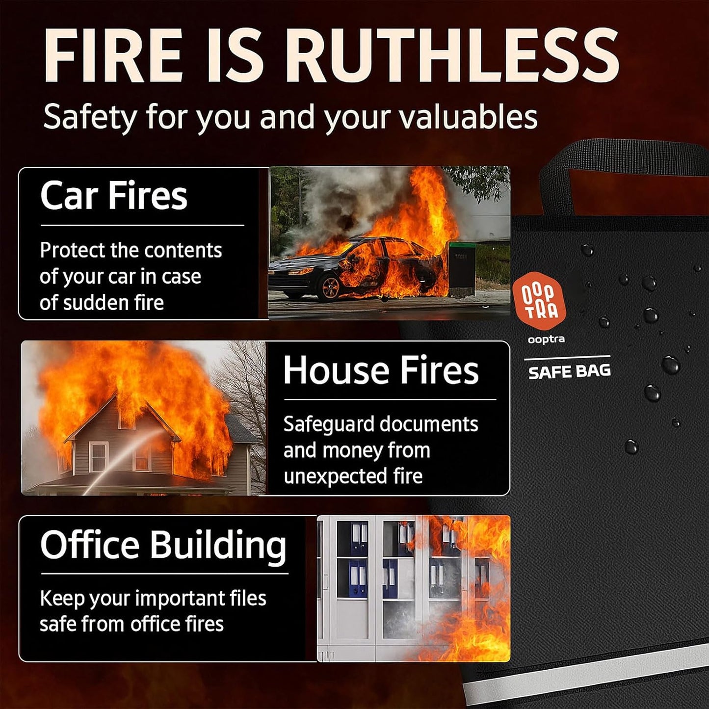 Fireproof Document Bag (Black) – Waterproof Zipper – Lightweight & Portable – for Home, Office & Travel – Holds Files, Cash, Passport, Valuables – Fire & Water Resistant – with External Buckle