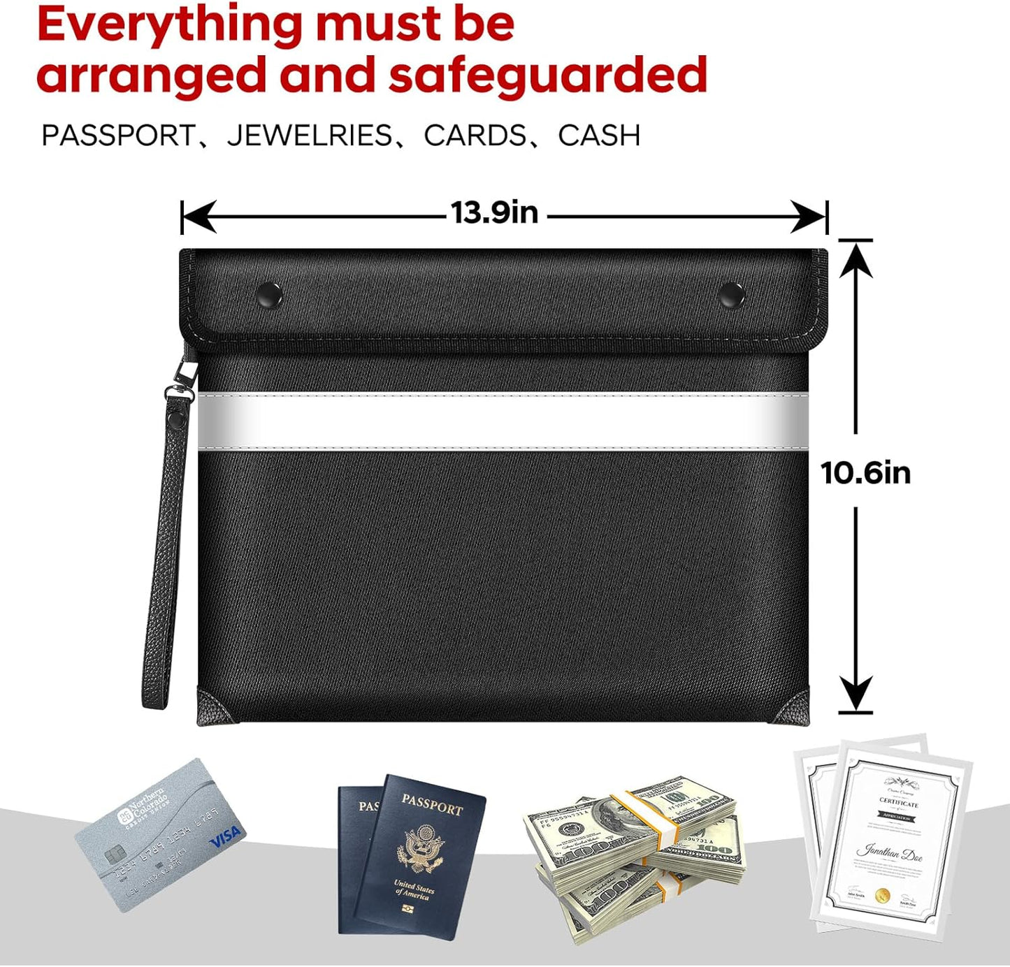 Fire Proof Bag for Documents 5200°F Heat Insulated,13.9” X 10.6”Fireproof Money Bag with Zipper,8 Layers of Protective Materials Waterproof Document Pouch for Cash,Valuables,Documents(Black)