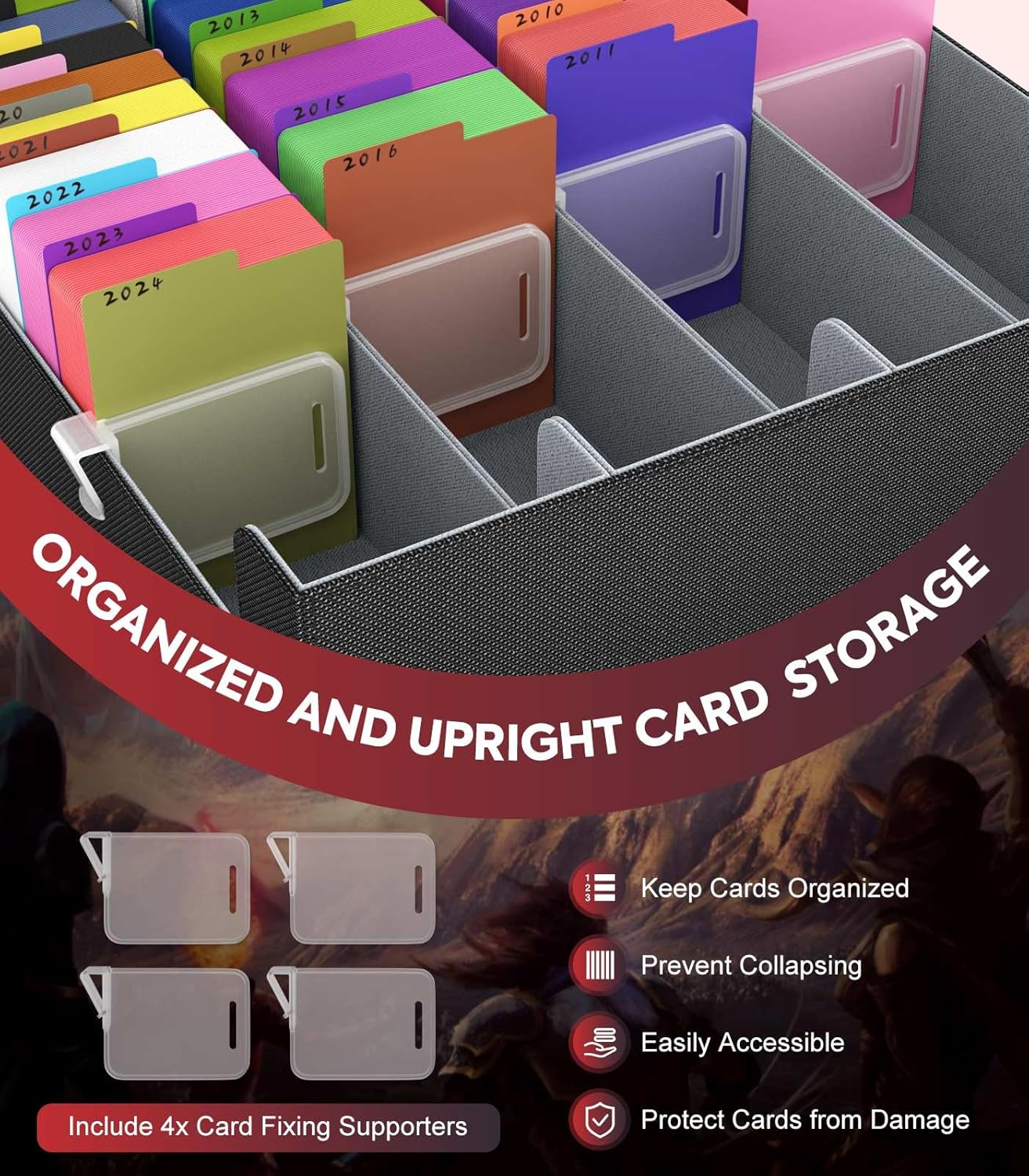 MoKo Trading Card Storage Box, 3000+ MTG Deck Box with 24 Colorful Dividers & 4 Card Supporters, Commander Card Deck Case Fits for Magic Game Cards, YugiOh, TCG, PTG and Sport Cards, Black Grey