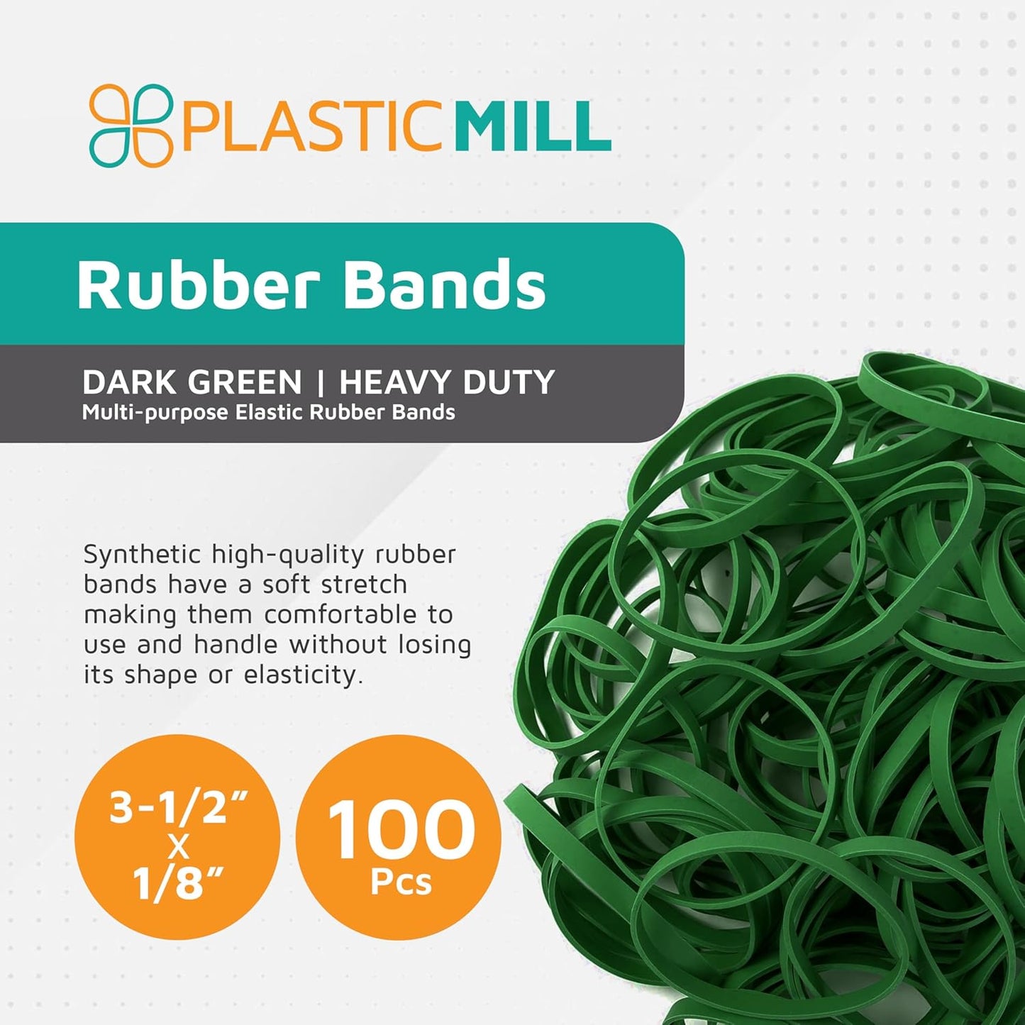 PlasticMill Dark Green Rubber Bands Size 33 (3 1/2" x 1/8") - #33 Colored Rubber Bands Office Supplies - Strong, Elastic Bands for Crafts, Balloon Garland, Cash, File Folders (100-Pack)