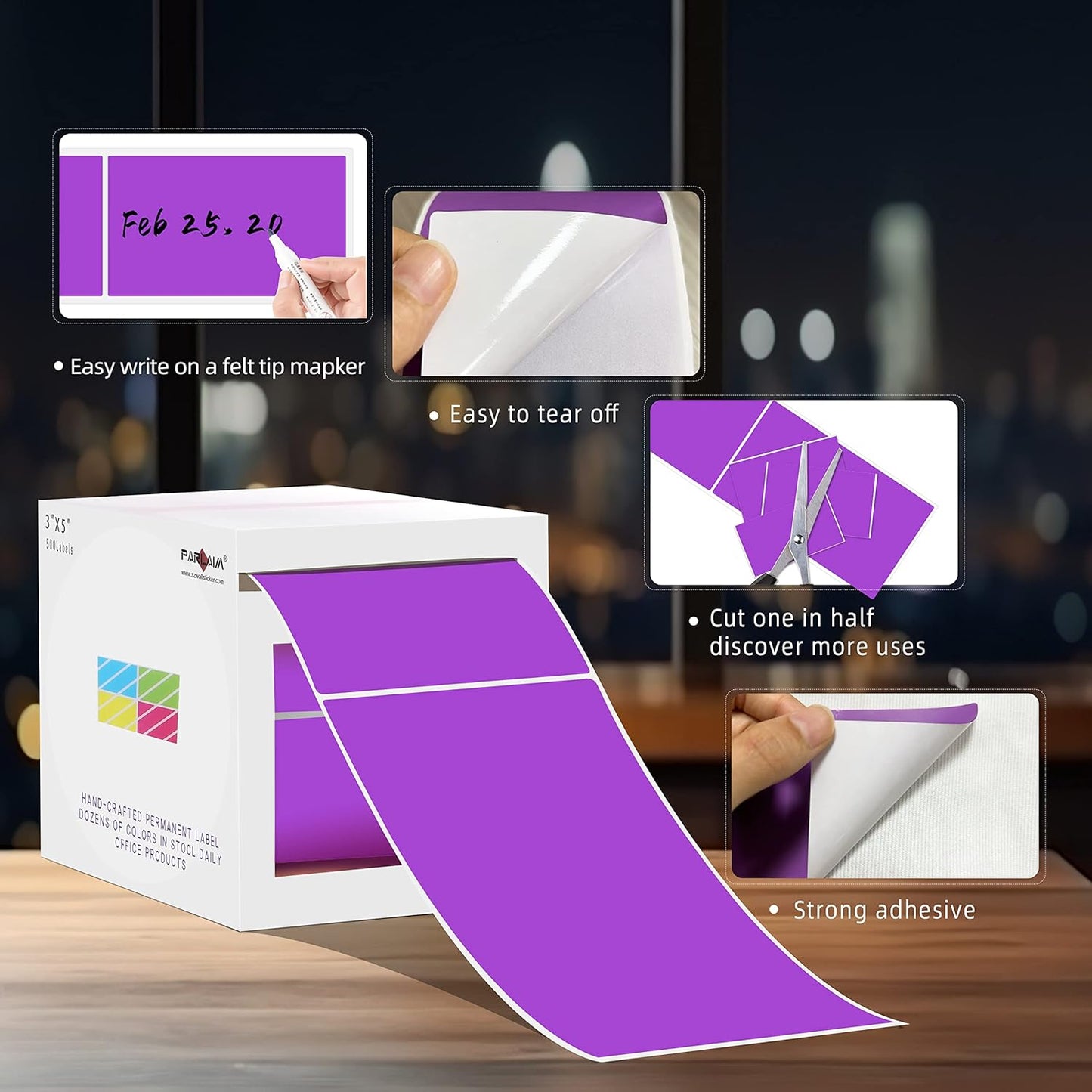 PARLAIM 3" x 5" Rectangle Color Code Stickers,500 per Dispenser Box Roll Labels,Adhesive Roll Square Label Stickers for Inventory (Purple)