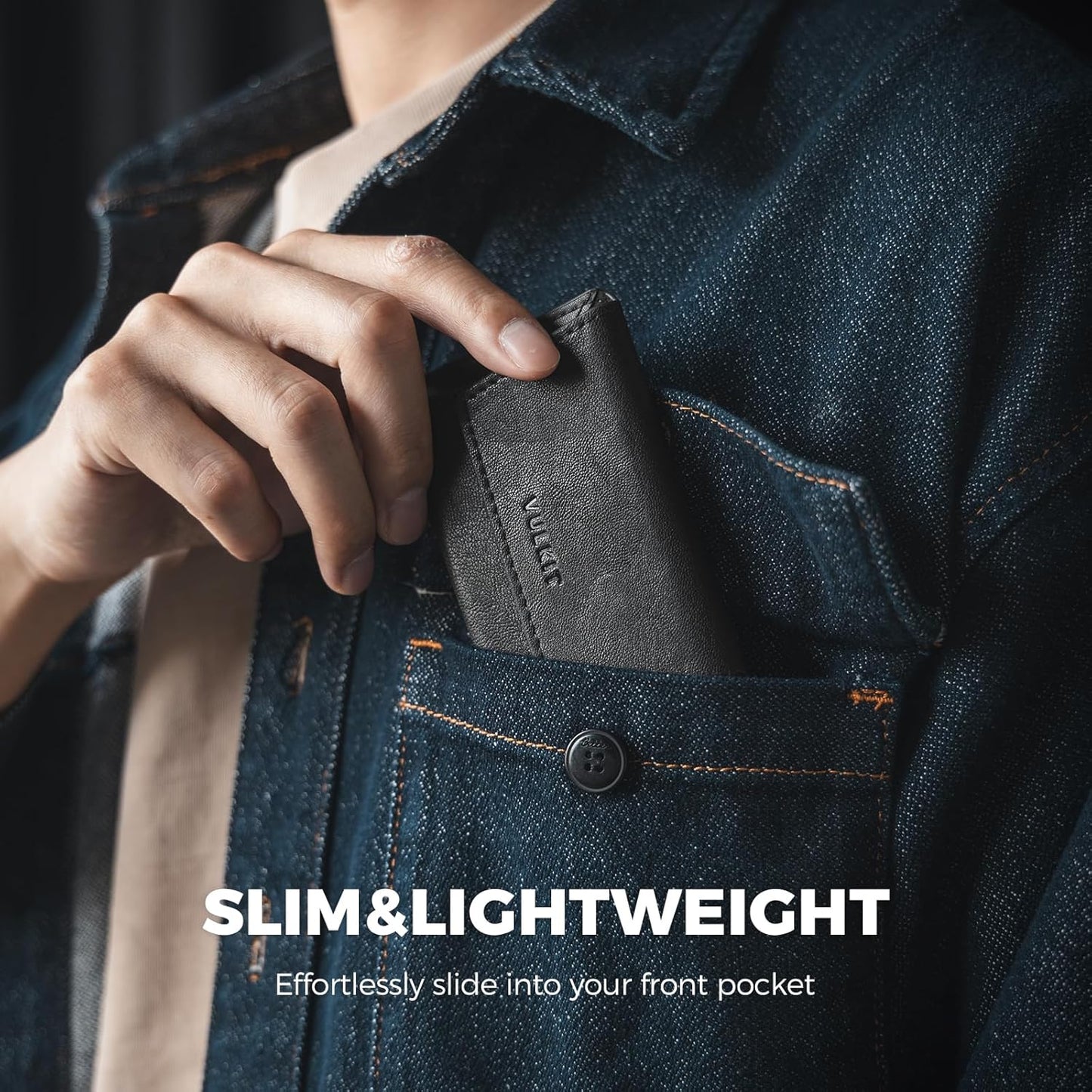 VULKIT Leather Business Card Holder Case for Men Slim Pocket Business Card Wallet Name Card Case Holder, Holds 20 Business Cards Black