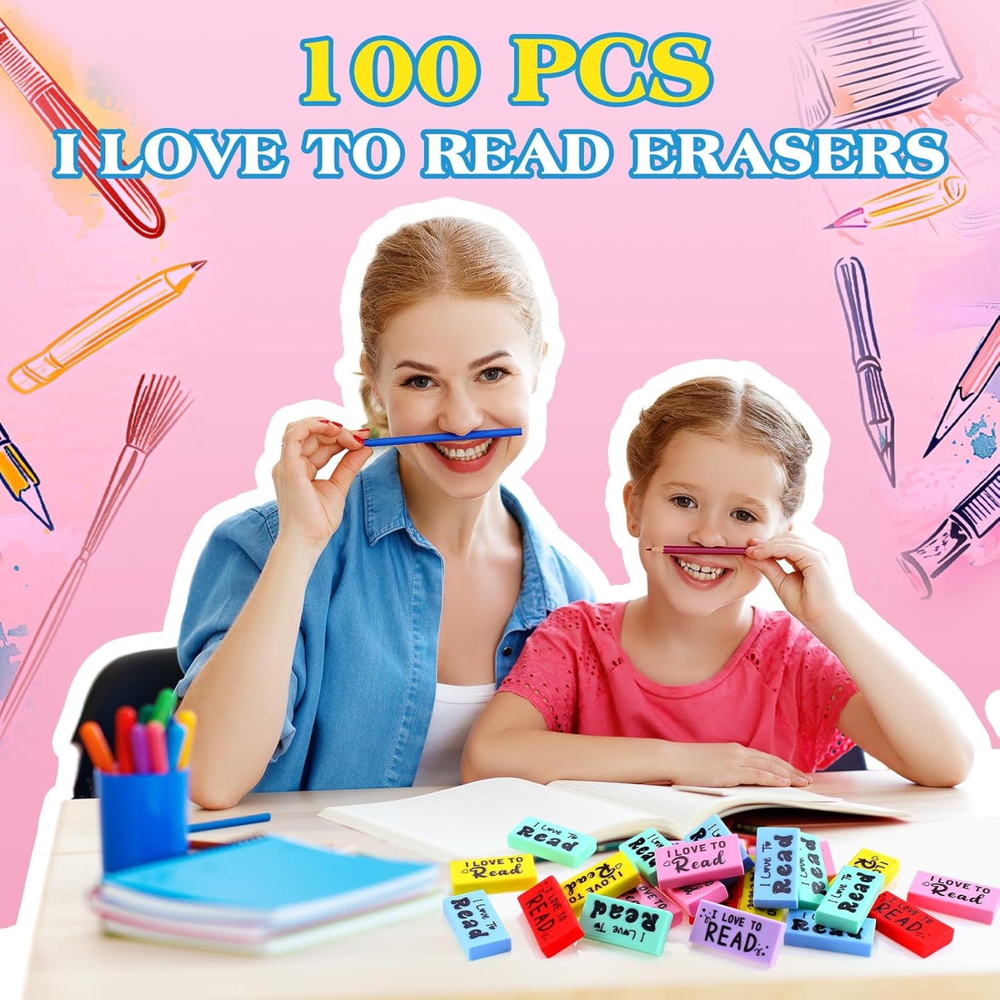 100 Pcs Inspirational Erasers for Kids Back to School Gifts I Love to Read Small Colorful Pencil Erasers for Students Classroom Cute Motivational Gift for Drawing School Office Supplies