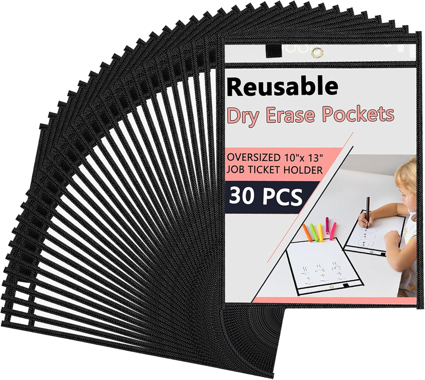 Antner 30 Packs Oversized Dry Erase Pockets Reusable Sleeves 10x13 Job Ticket Holders, Clear Plastic Dry Erase Pouches Heavy Duty Sheet Protectors for Teacher School Classroom Office Supplies, Black