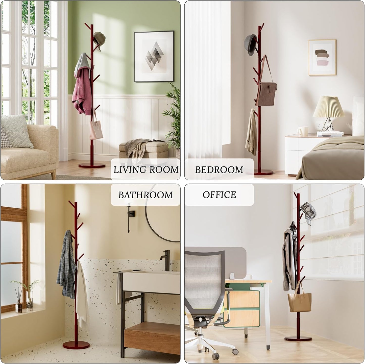 Wooden Coat Rack Freestanding Coat Tree with 4 Height Options and 9 Hooks, Sturdy Coat Rack Stand for Clothes/Bags/Hats, Easy Assemble Save Space for Entryway,Bedroom,Office,Narrow Place (Brown)