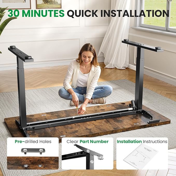 1 Inch Thick Tabletop Electric Standing Desk Adjustable - 60x28 Inch Sit Stand Desk, Double Beam Frame, 3 Memory Height Adjustment, Cable Management for Home Office
