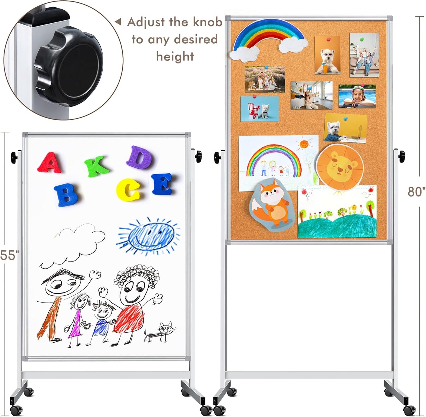 Double Sided Cork Board White Board, 32 x 48 inches Large Cork Board for Office, Height Adjustable Magnetic Dry Erase Board on Wheels, Portable Freestanding Natural Corkboard for Displaying, Planning