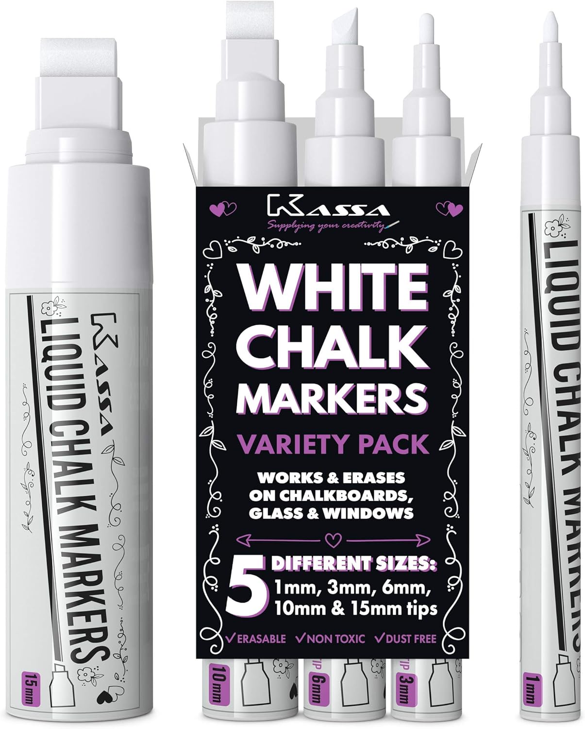 Kassa 5-Pack White Chalk Markers | Includes 1mm, 3mm, 6mm, 10mm & 15mm Tips | Works on Chalkboards, Windows & Glass | Erasable, Dust-Free & Washable | Ideal for Use at Home, School, Office & More