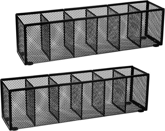 2 Pcs Black Metal Mesh Desk Organizer Pen Holder 6 Compartments Pencil Holder for Desk, pen organizer for Office Supplies, Pencil Caddy, Makeup Brush Storage, Home and Classroom Accessories