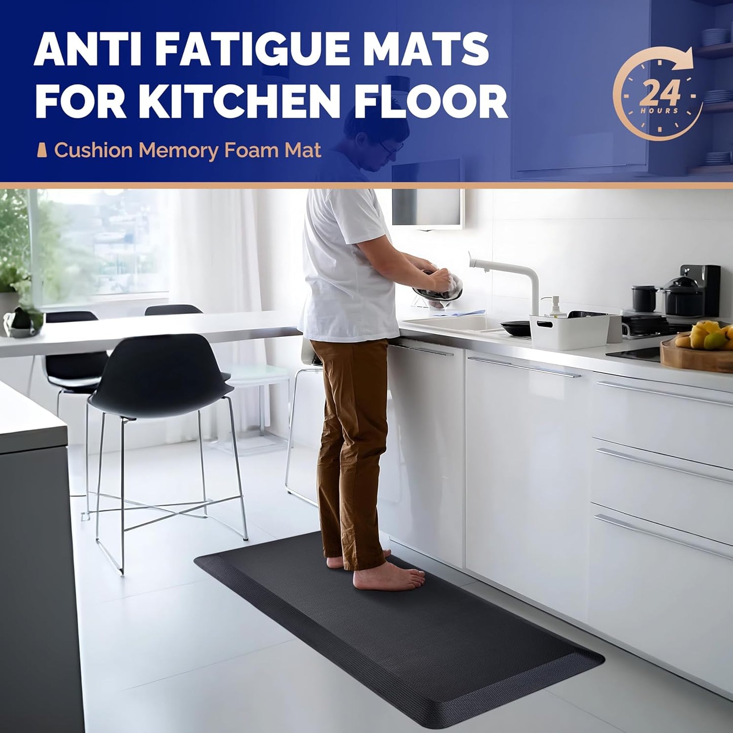 FEATOL Anti Fatigue Mat for Kitchen Floor – 9/10 Extra Thick Cushioned Standing Desk Mat Memory Foam, Ergonomic Floor Padded Comfort at Home, Kitchen, Office, Garage – NOT PVC (20" x 39", Black)