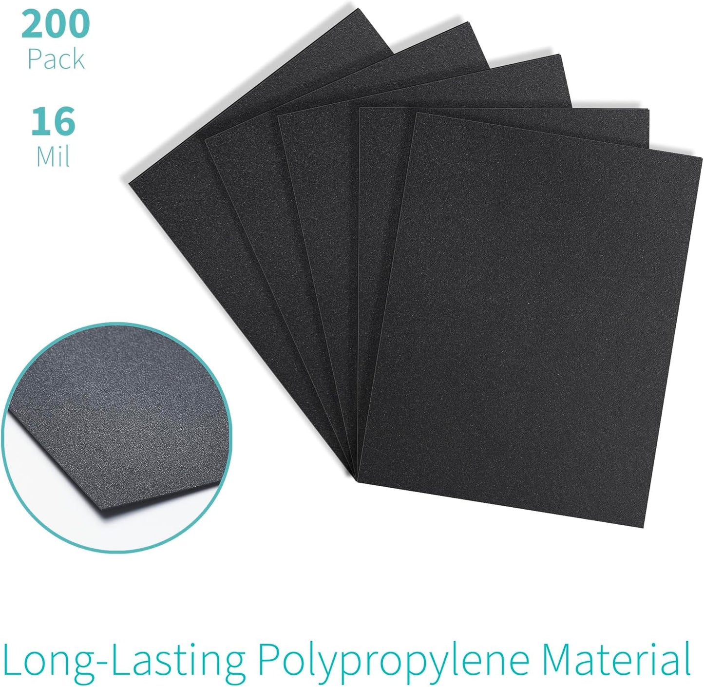 Binditek 200 Pack 16 Mil Sand-Textured Polycover, Midweight Binding Front and Back Covers, Lightly Sanded Finish, 8-1/2" x 11", Square Corners, Un-Punched, Black