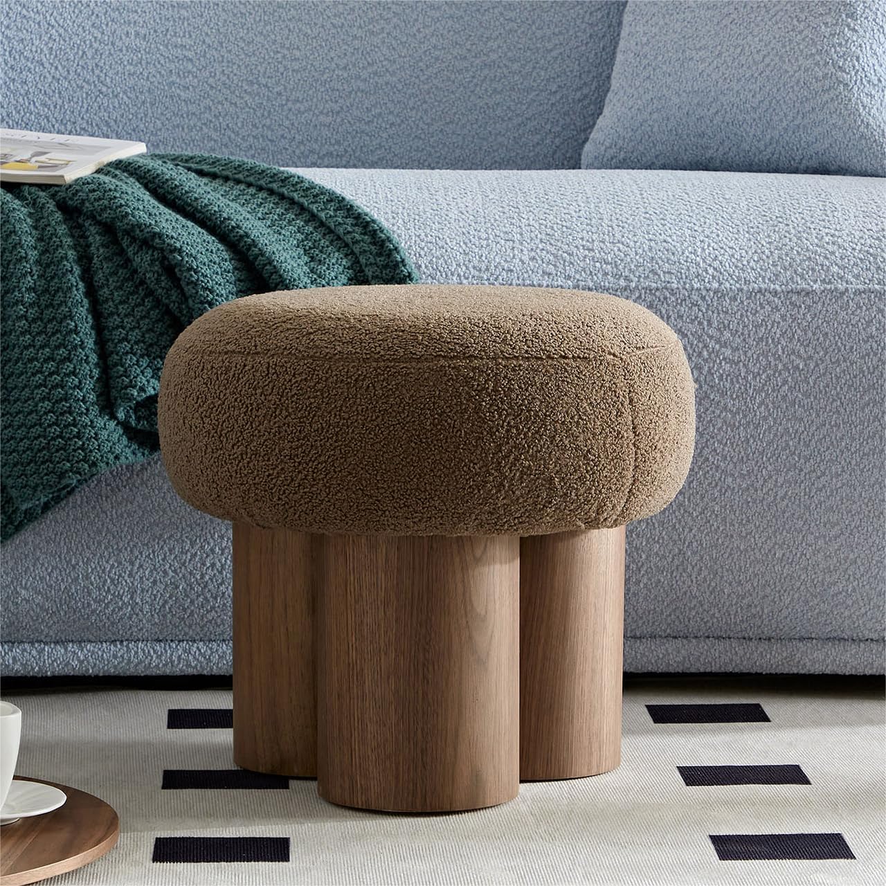 MEETAKING Small Round Foot Stool, Teddy Fabric Footrest Ottoman Stool with Non-Skid Legs, Modern Footstools Step for Couch, Desk, Office, Living Room (Brown)
