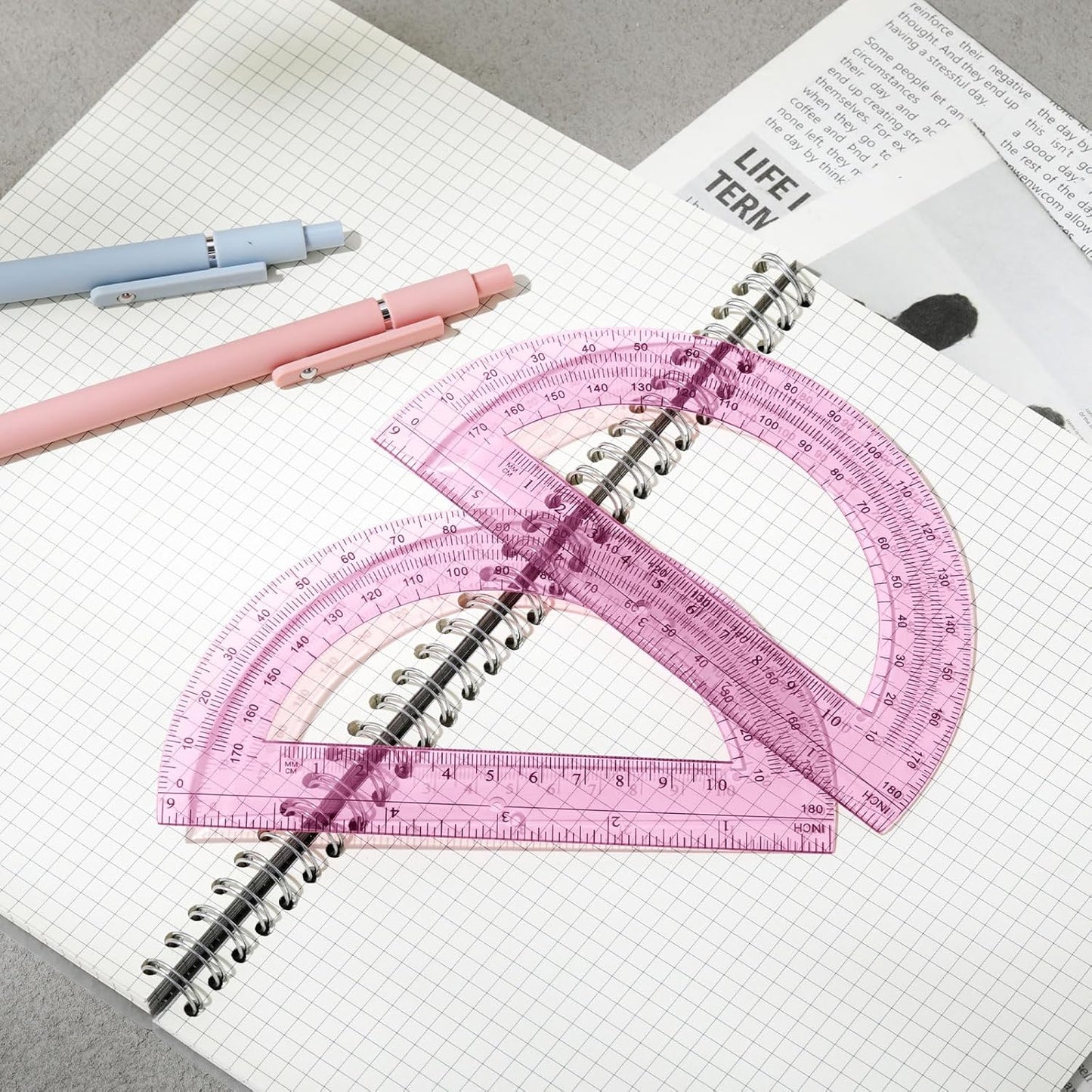 Zonon 2 Pcs 6 Inch Plastic Protractor Math Protractors 180 Degrees Angle Measurement, Translucent for Geometry Classroom Kid Student School Office Supplies(Light Pink)