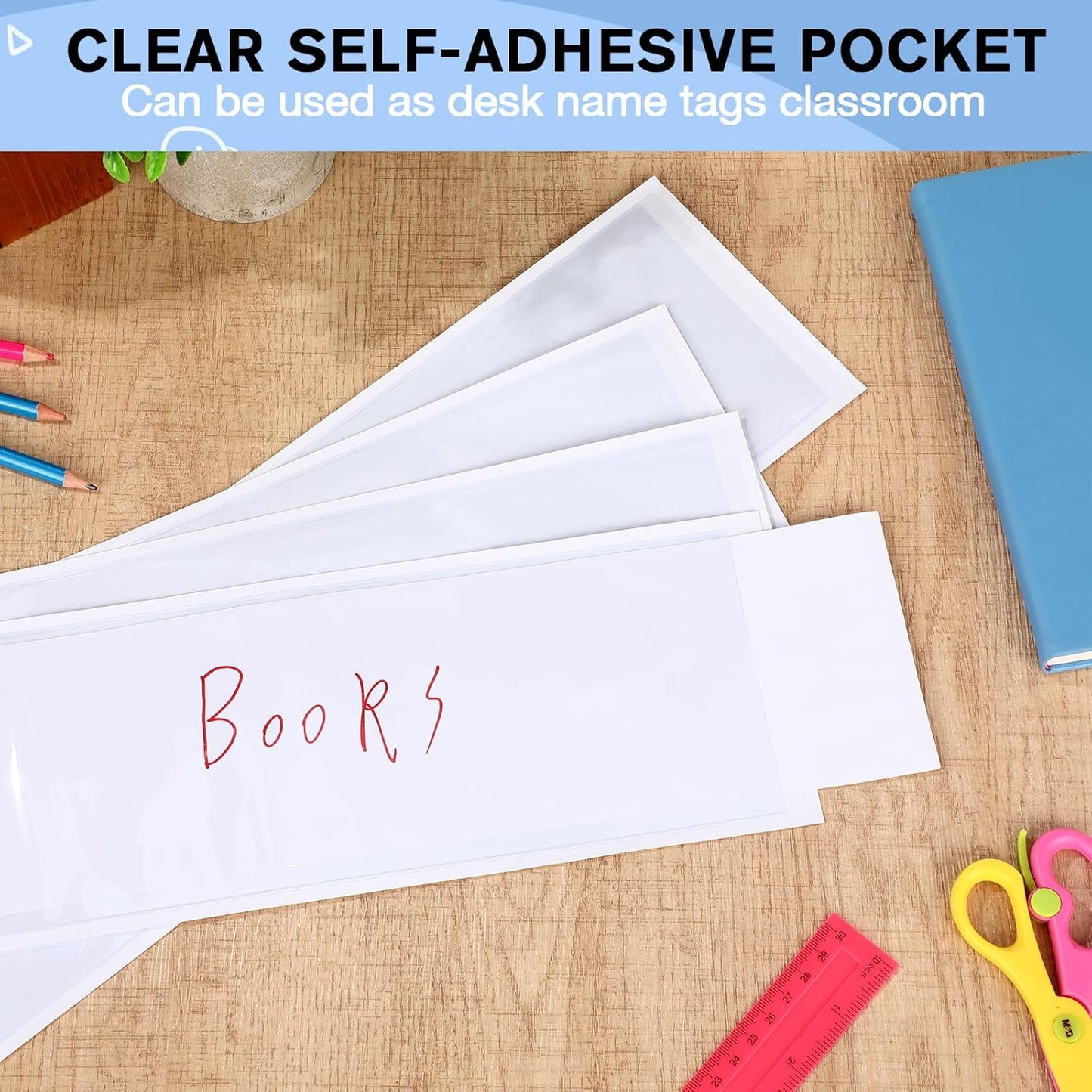 Chinco 50 Pack Clear Adhesive Pockets, Labels for Storage Bins, Plastic Self Adhesive Index Card Holder with Top Open for Organizing Bins Box Drawer(18 x 4 Inches)