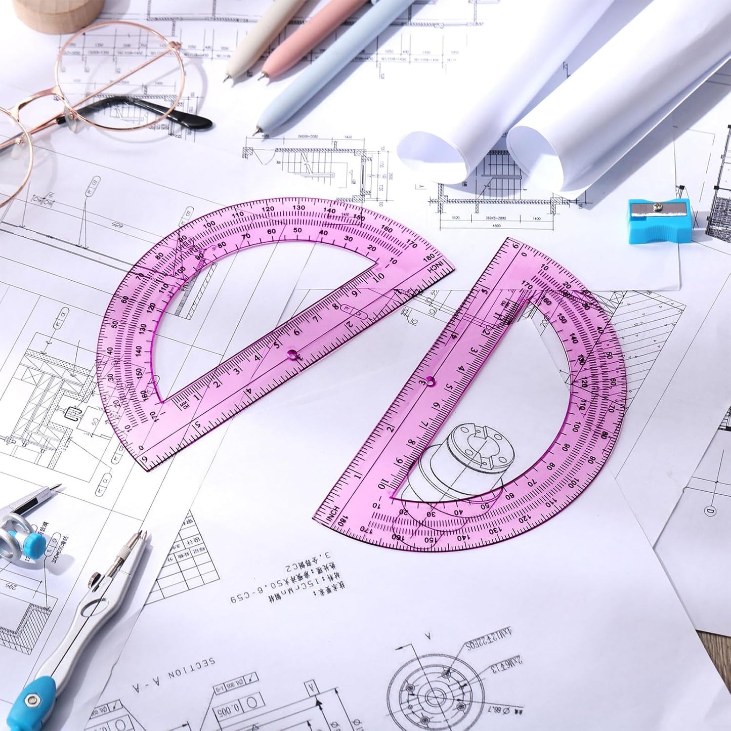 Zonon 2 Pcs 6 Inch Plastic Protractor Math Protractors 180 Degrees Angle Measurement, Translucent for Geometry Classroom Kid Student School Office Supplies(Pink)