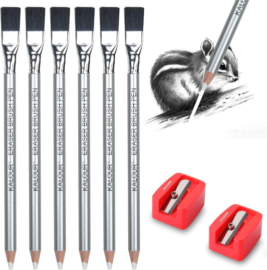 KALOUR Detail Eraser Pencil - 6pc Eraser Pencils with Brush and 2pc Sharpener,Erasing Small Details or add Highlights for Sketching, Charcoal Drawings. Fine Detail Eraser for Beginners & Artists