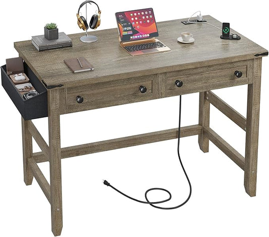 EnHomee Small Desk for Bedroom, Computer Desk with Power Outlets for Home Office, Desks with Drawers and a Side Pocket,Vanity Desks for Bedroom, Dark Rustic Oak