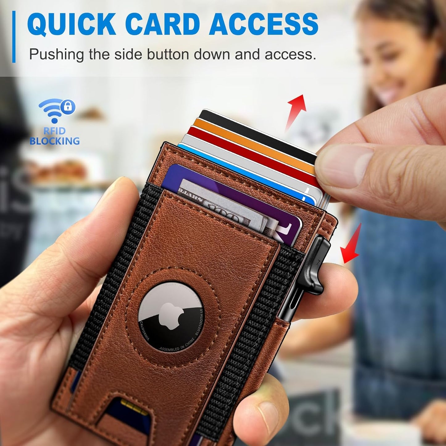 Airtag Wallet for Men, Slim Pop Up Credit Card Holder RFID Blocking Mens Minimalist wallet for 7-9 Cards ID Window, with Gift Box