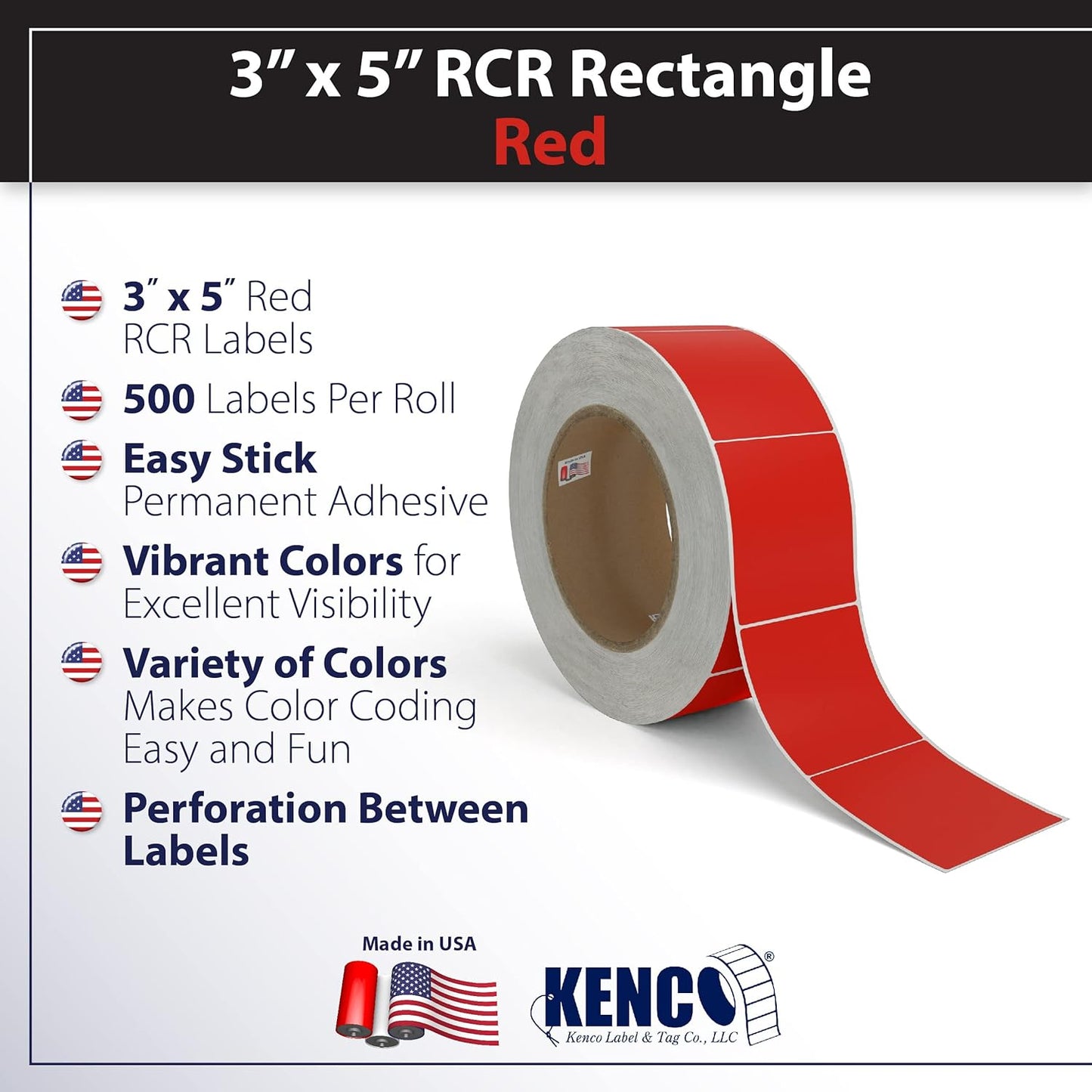 Kenco Color Coding 3 X 5 Rectangle Labels, Inventory Control Stickers 500 Labels Per Roll, Made in The USA (Red)