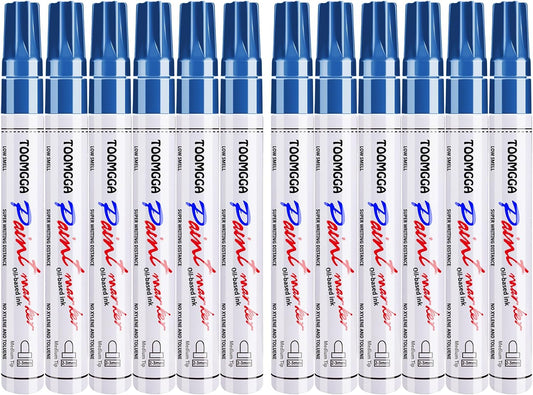Permanent Paint Pens Blue Paint Markers 12 Pack Oil Based Markers, Quick Drying and Waterproof Marker Pen, Car Tire, Metal, Rock Painting, Wood, Plastic, Canvas, Craft Supplies for Adults